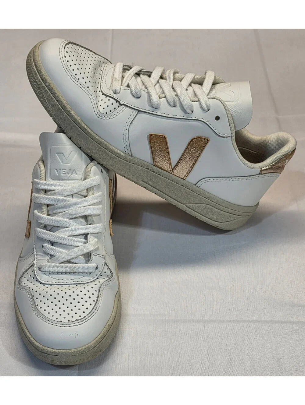 Veja V-10 White Leather Sneakers with Gold Accents, Size 38
